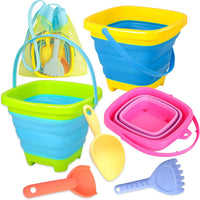 Xgunion collapsible beach sand buckets 3 pack with shovel, rake, scoop and mesh bag