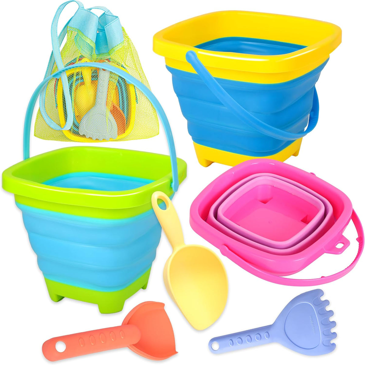 Xgunion collapsible beach sand buckets 3 pack with shovel, rake, scoop and mesh bag