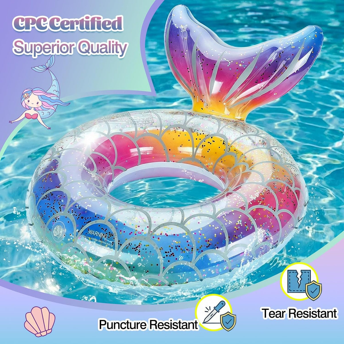 MoKo Pool Floats, Mermaid Inflatable Swim Tubes Floaties – Fun for Kids & Family - Rainbow Silver Scales / 90# - image 4