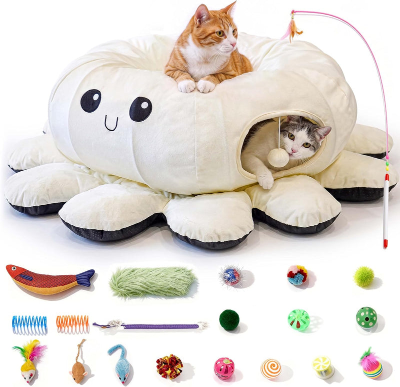 Cat Tunnel Bed with 20 Cat Toys, Kitten Toys for Indoor Kittens - White / Large