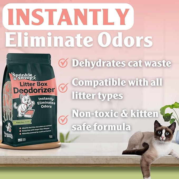 Sprinkle & Sweep Litter Box Deodorizer - Cat Litter Deodorizer Non Toxic and Safe for Kittens - Instantly Eliminates Foul Smells and Urine Odors (Bag, Sifter & Spray)