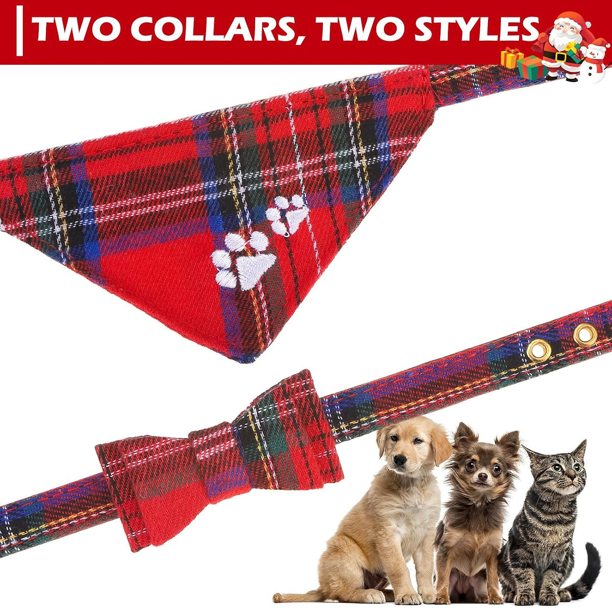 Dog Collar and Leash Set - Embroidery Floral Dog Bow Tie and Bandana Collar with Bell, Cute Flower - Tartan / Small - image 3