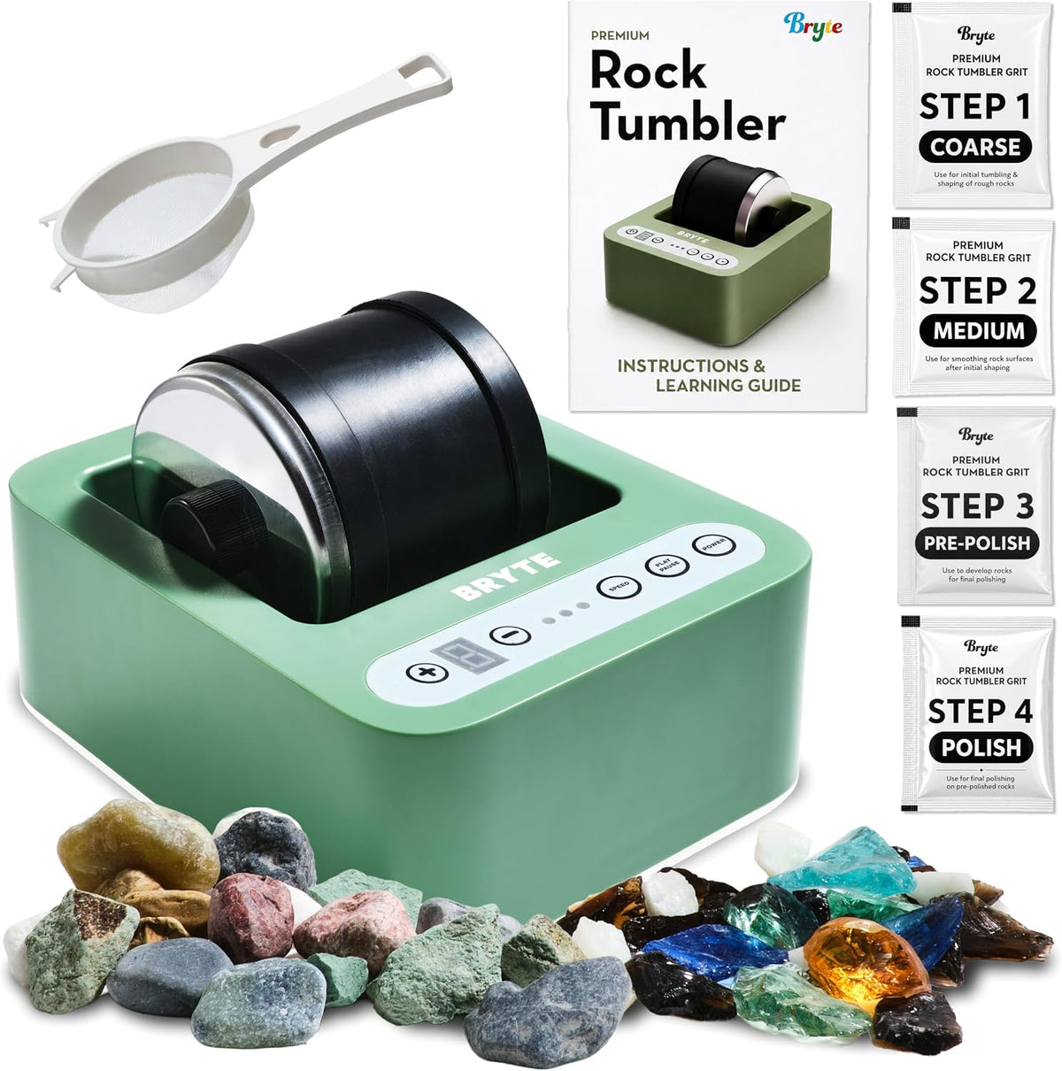 BRYTE mint green rock tumbler for kids with 3-speed dial and 9-day timer