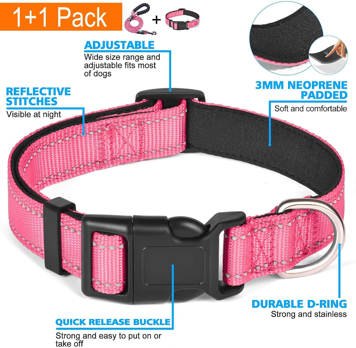 Ladoogo Reflective Dog Collar Padded with Soft Neoprene - Pink / Medium - image 3