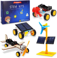 SCAEMO four solar STEM kits for kids with solar car, fan, wind car and wooden plane in gift box