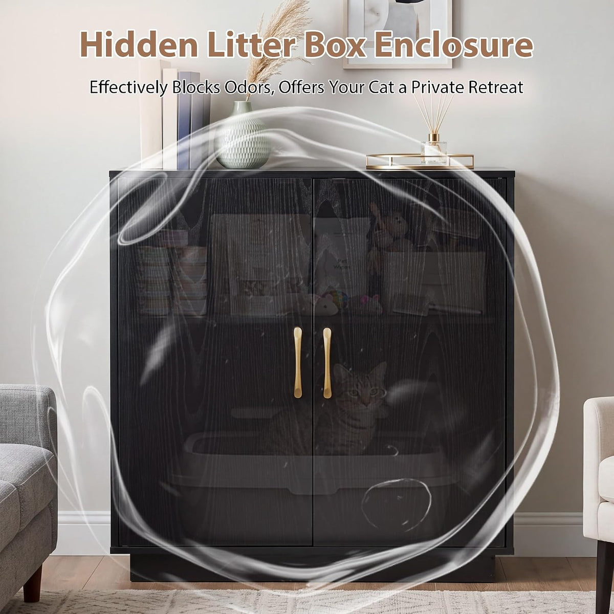 Gitelsnour 30.9'' Litter Box Enclosure Furniture, Hidden Storage - 27.6'' L x 17.7'' W x 31.3'' H / Black - image 3