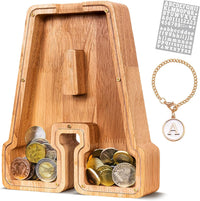 KMC wooden letter piggy bank, oak initial coin bank with clear plexiglass front - view 10