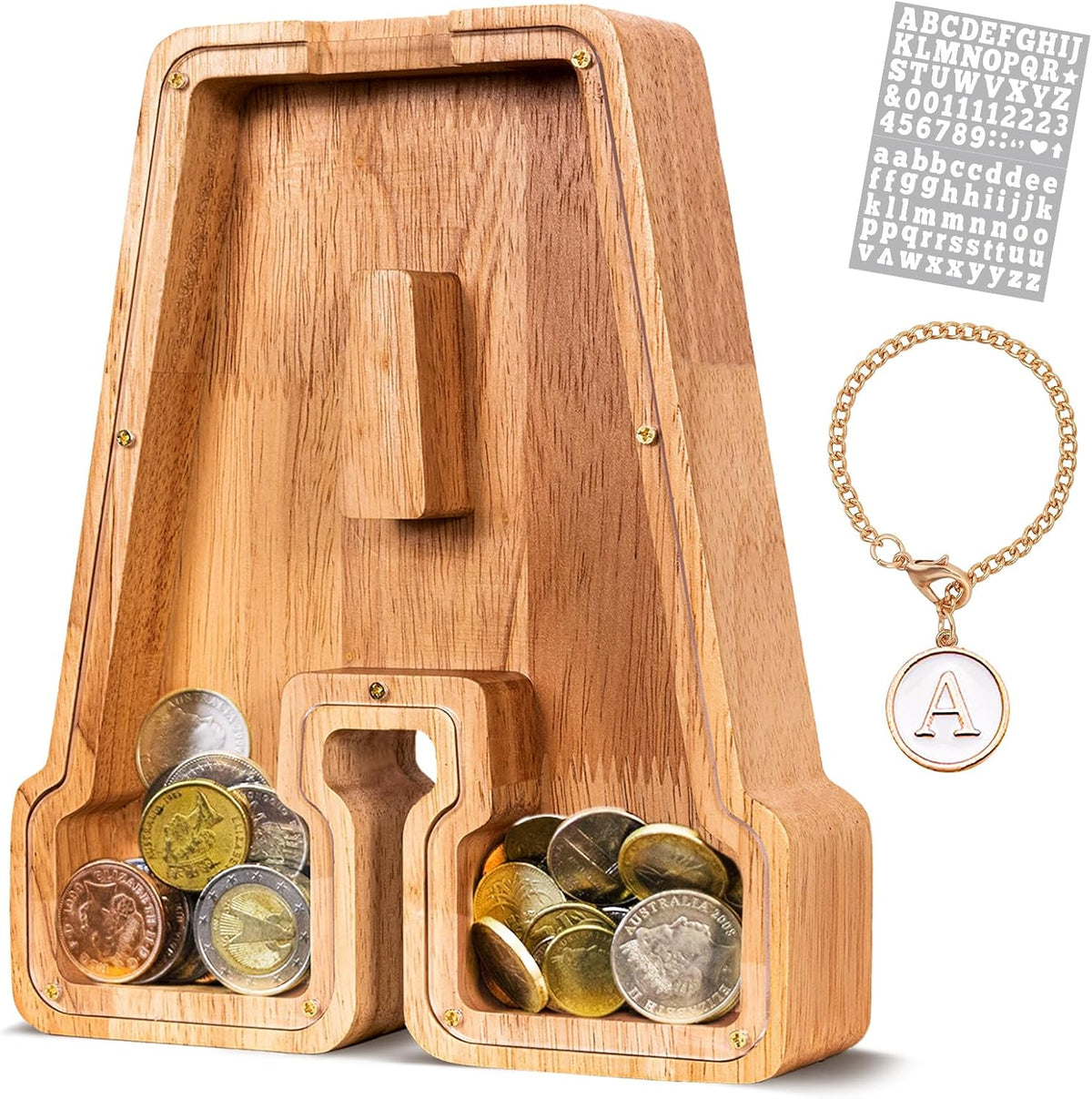 KMC wooden letter piggy bank, oak initial coin bank with clear plexiglass front - view 10