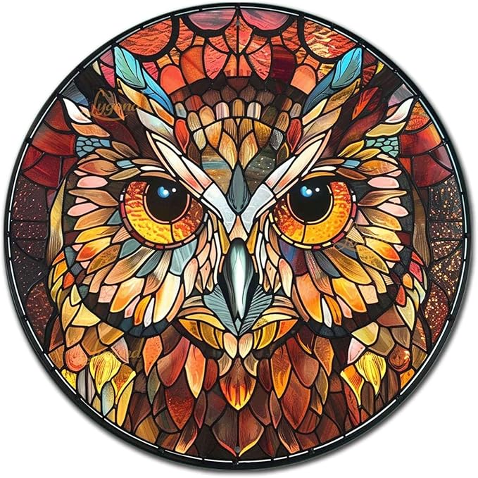 Lygond Metal Sign Tin Sign Circular Stained Glass Owl Metal Sign for Patio 8×8 Inches