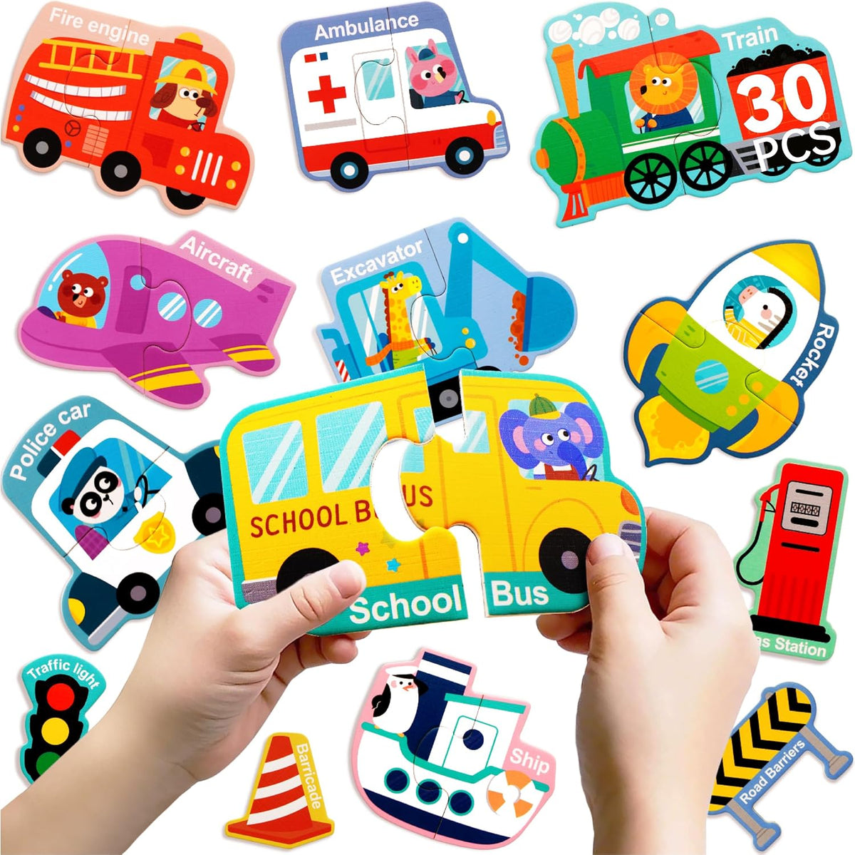 Dotimo 30-piece magnetic vehicle puzzle with cars, trucks and large printed names - view 5