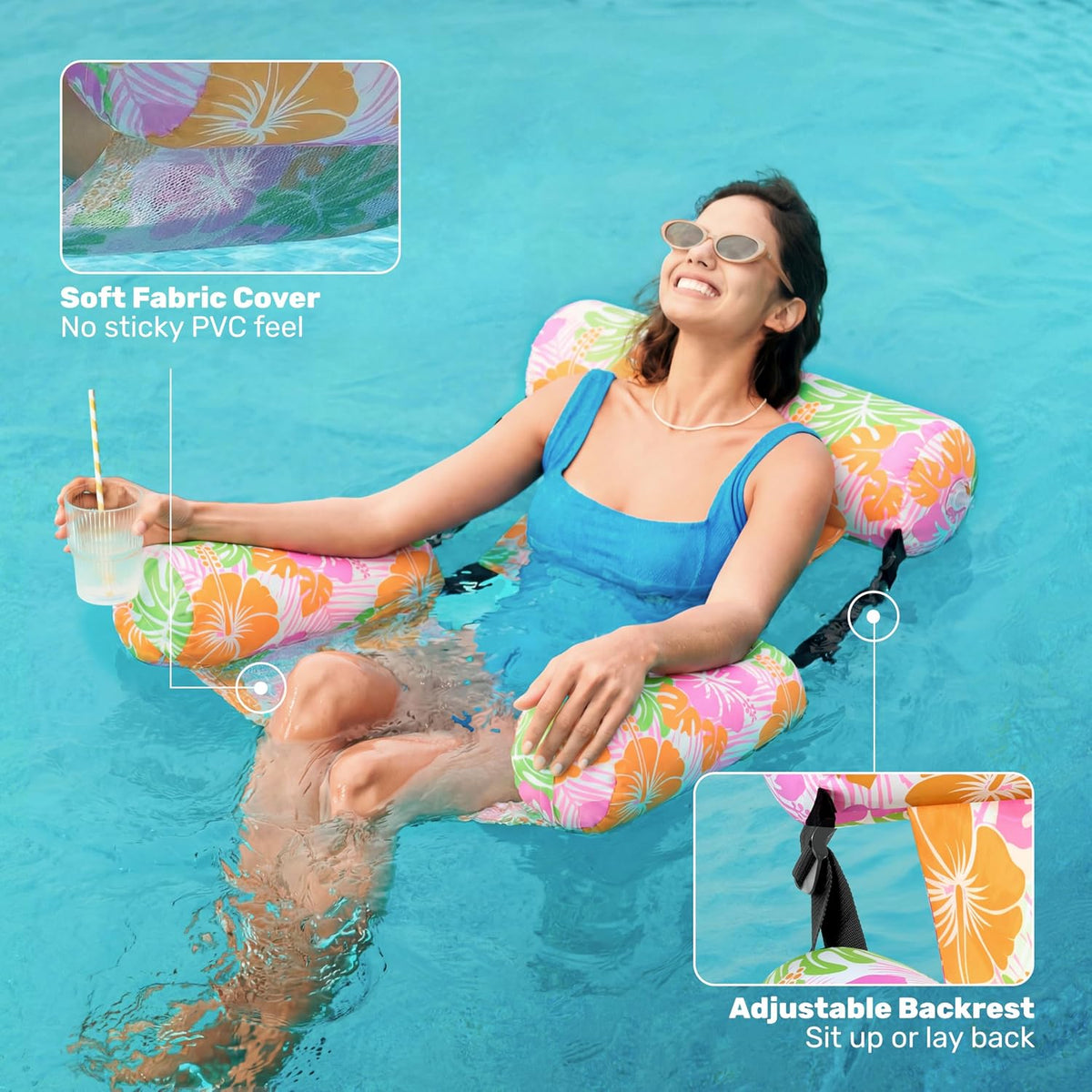SLOOSH Inflatable Pool Floats Adult - Blue,Orange-Tropical Flowers - image 3