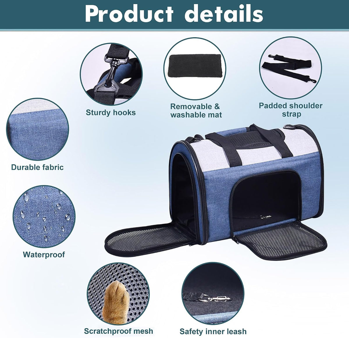 JESPET Soft-Sided Airline-Approved Dog & Cat Carrier Travel Bag – Essentials for Cats - 16.0"L x 10.0"W x 11.0"H / Blue Gray - image 2