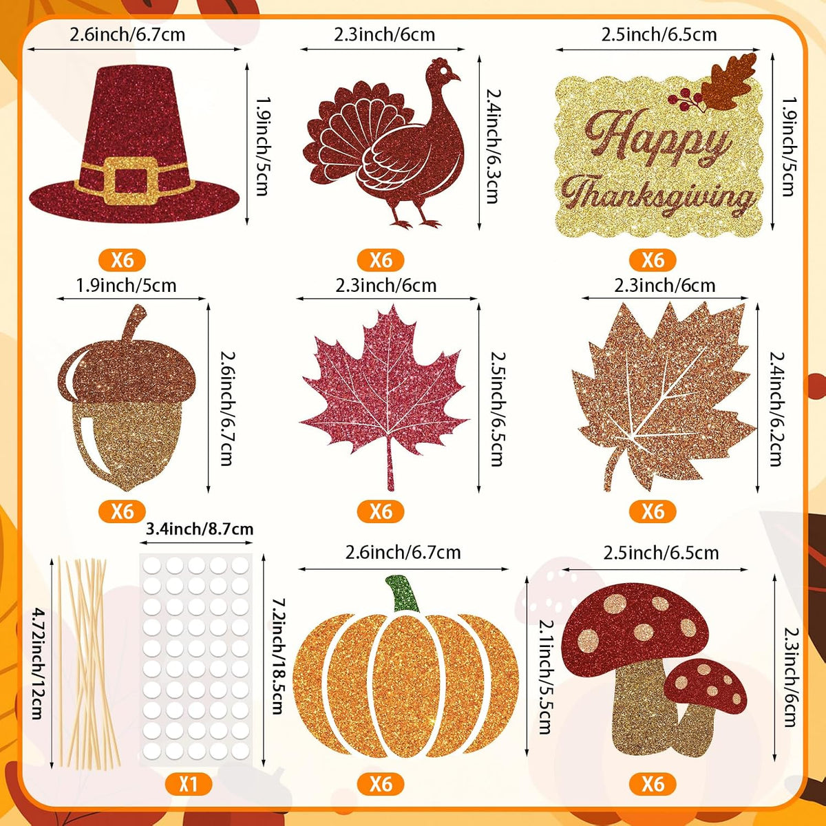 Adecortalk fall cupcake toppers, 48 glitter pumpkin, leaf and turkey picks in 8 designs - view 38