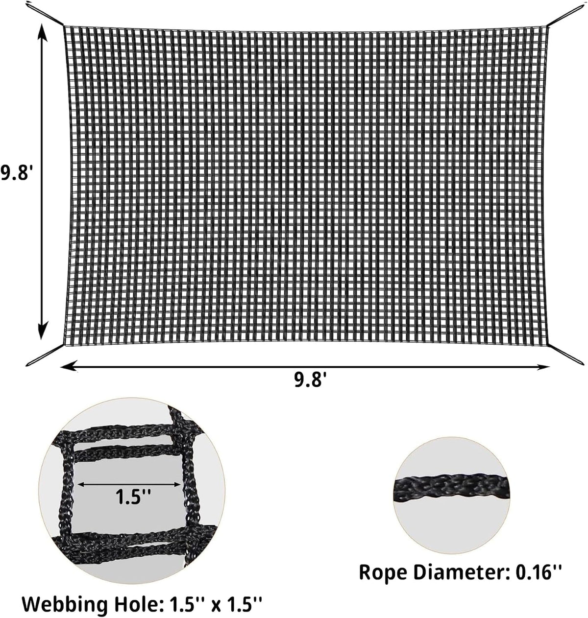 Climbing Cargo Net 6.5' x 9.8' for Outdoor Treehouse – Fun for Kids & Family - 9.8‘ x 9.8‘ / Black - image 2