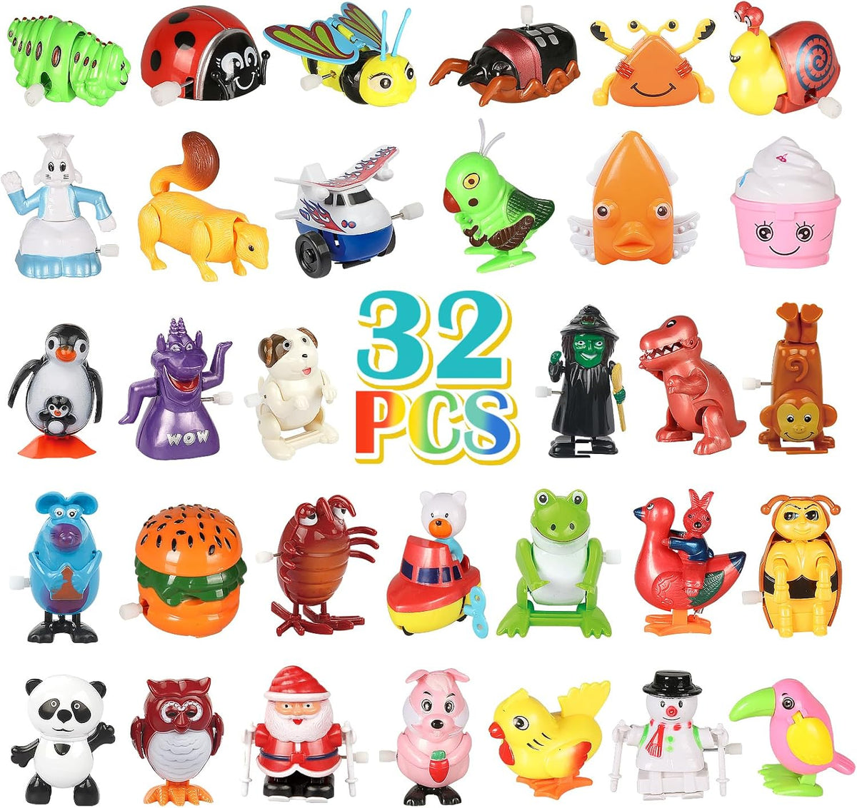 CIUGEO 32 assorted wind-up toys for kids including frog, penguin, panda and Santa figures