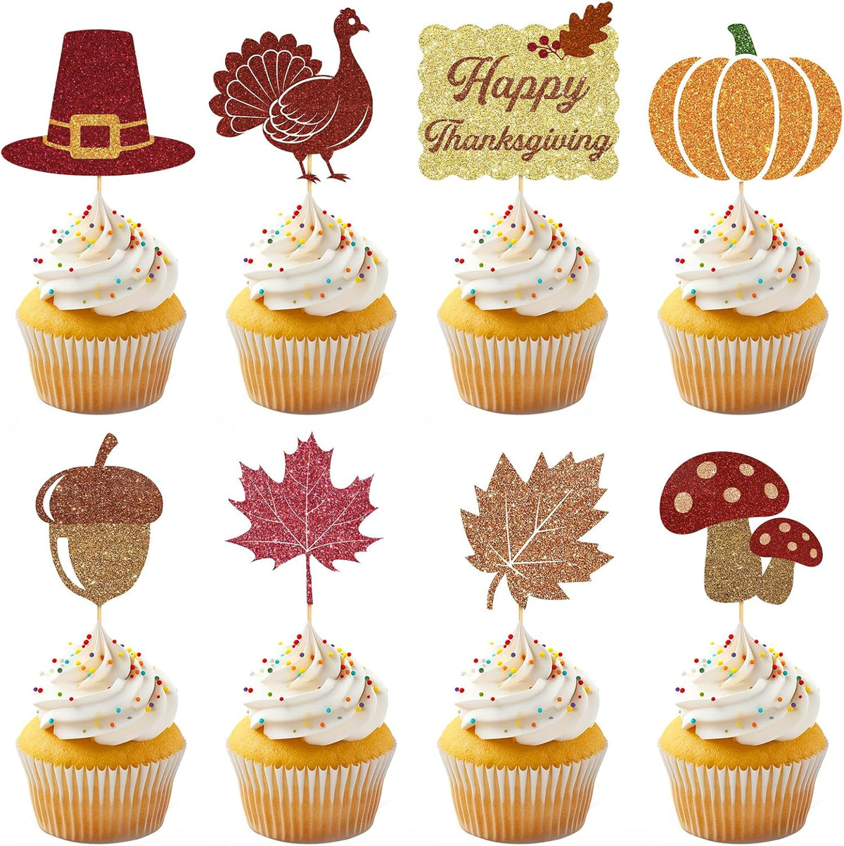 Adecortalk fall cupcake toppers, 48 glitter pumpkin, leaf and turkey picks in 8 designs - view 10