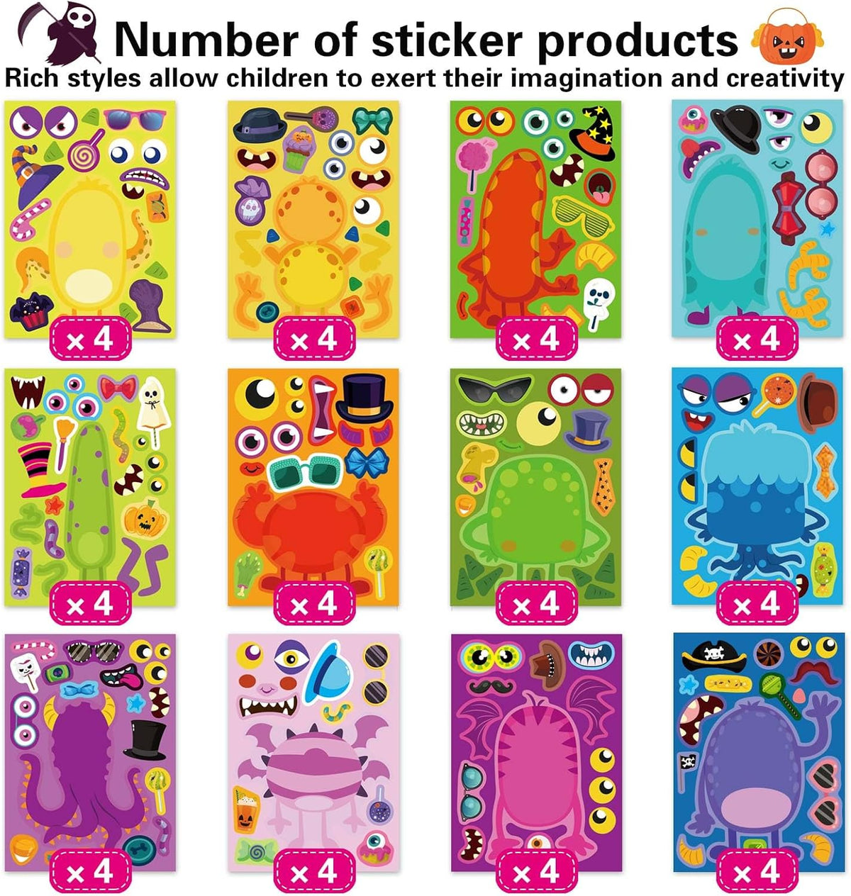 48PCS Halloween Make-a-face Stickers Halloween Characters Stickers - Monster - image 3