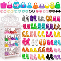 HighFun 50 piece doll shoes, handbags and glasses set with display rack for 11.5 inch dolls