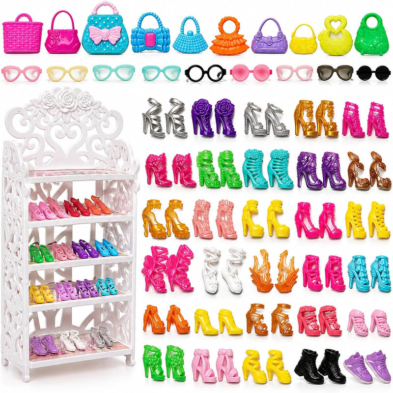 HighFun 50 piece doll shoes, handbags and glasses set with display rack for 11.5 inch dolls