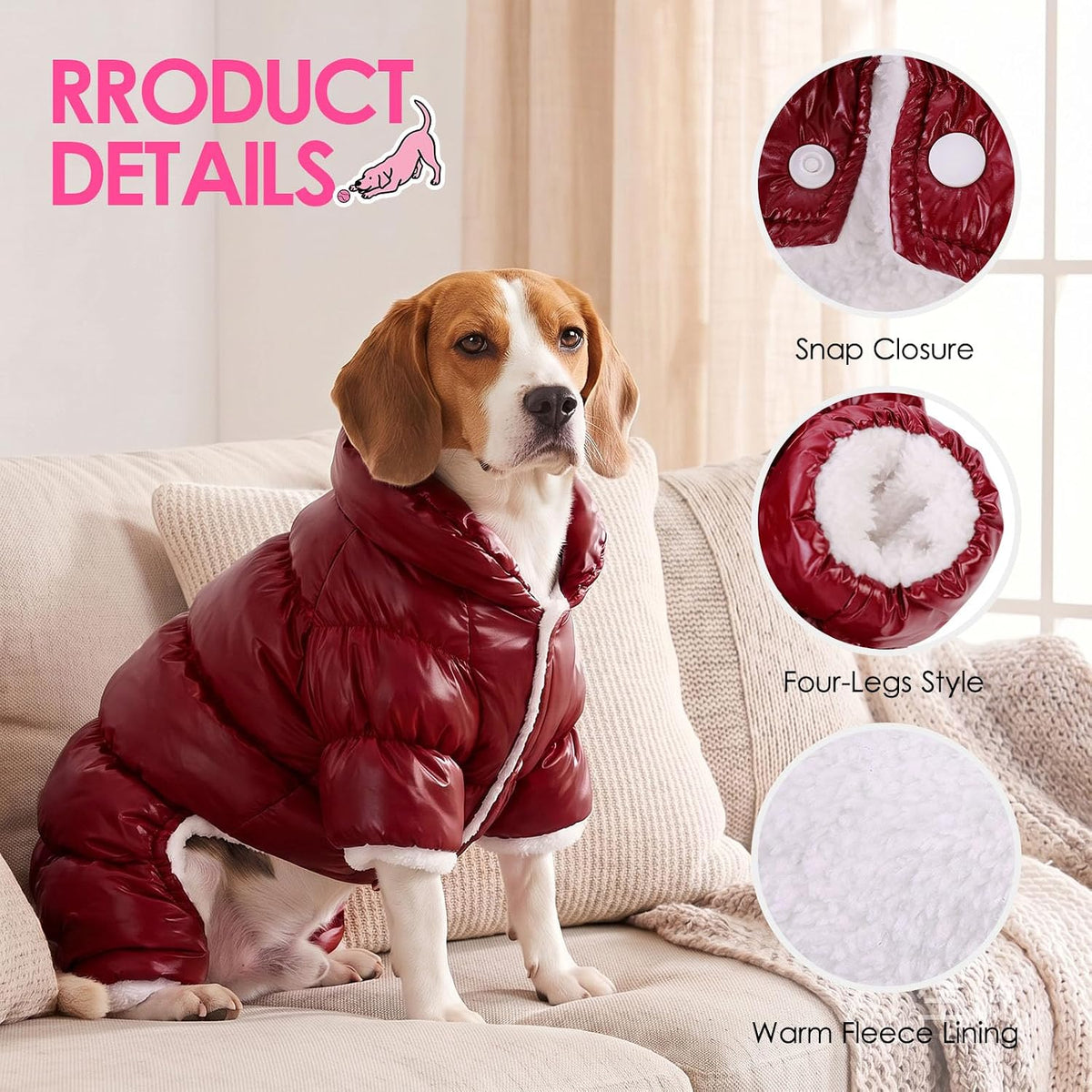 Dog Coat Waterproof Dog Jacket Fullbody Dogs Winter Coat Snowsuit – Essentials for Dogs - Burgundy / XX-Large - image 4