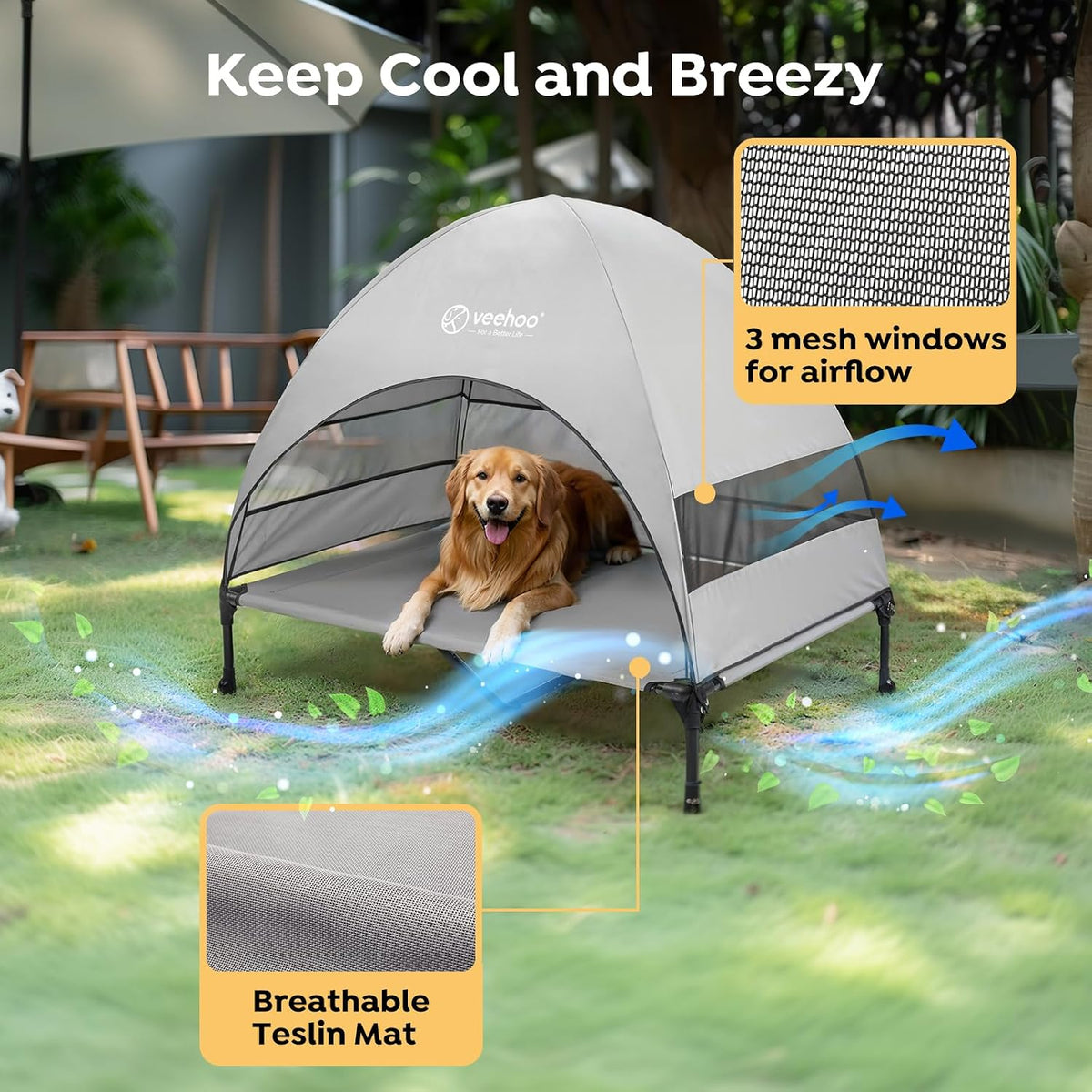 Veehoo Outdoor Dog Bed with Canopy - Grey / 49.0"L x 33.0"W x 43.5"Th - image 3