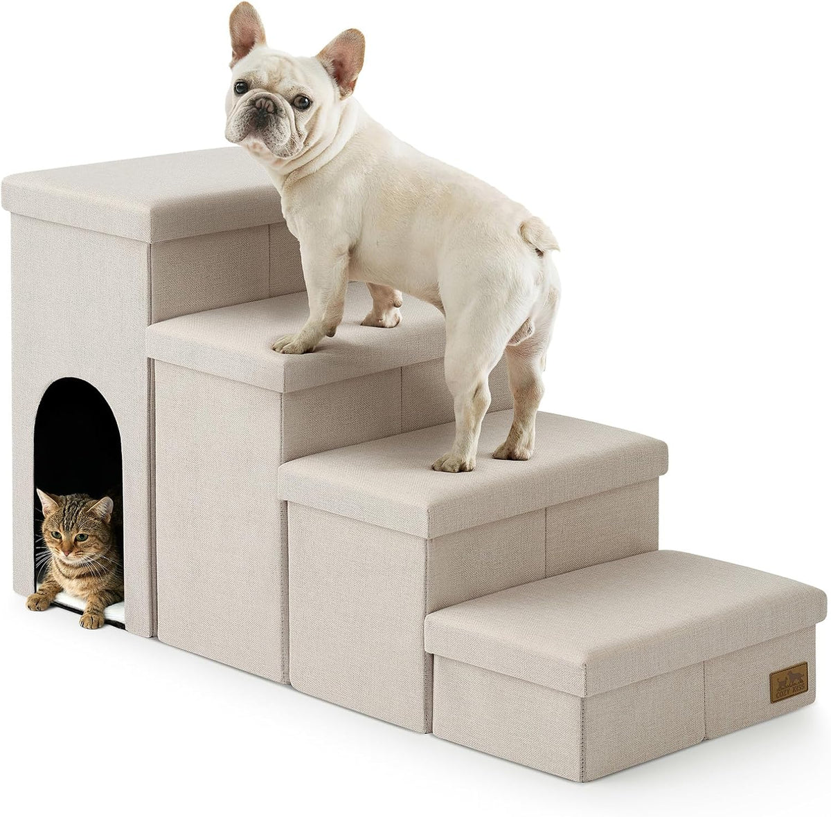 COZY KISS Dog Stairs with Storage, 16.7" H Wider Dog Steps - Beige / 4 / 43x17x22.6 inch