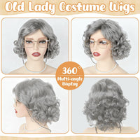 Huskein Old Lady Costume, Old Lady Cosplay Silver Bun Wig Glasses Wig Cap Pearl Necklace Bracelet - Grey-lady - image 4