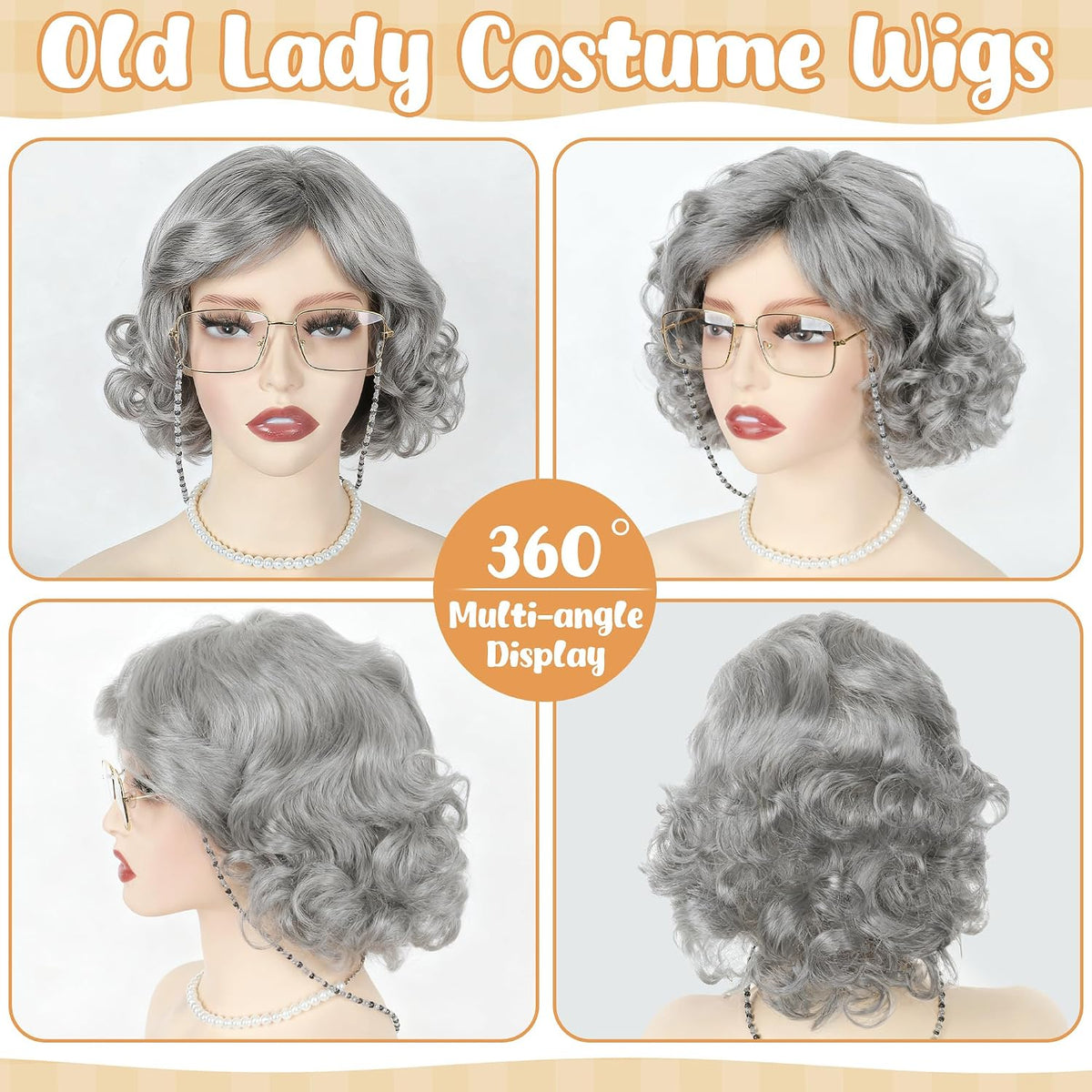 Huskein Old Lady Costume, Old Lady Cosplay Silver Bun Wig Glasses Wig Cap Pearl Necklace Bracelet - Grey-lady - image 4