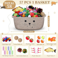 Zopeal 58 Pcs Cat Toy Set with Storage Basket Indoor, Grey - Dark Brown / 12 Inch - image 2