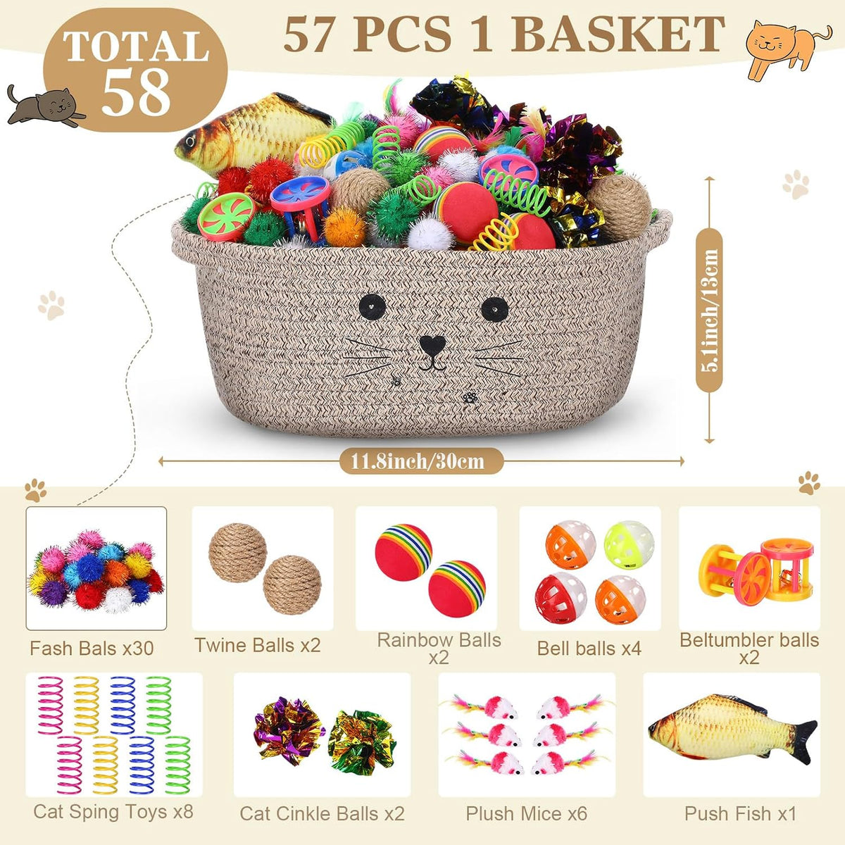 Zopeal 58 Pcs Cat Toy Set with Storage Basket Indoor, Grey - Dark Brown / 12 Inch - image 2