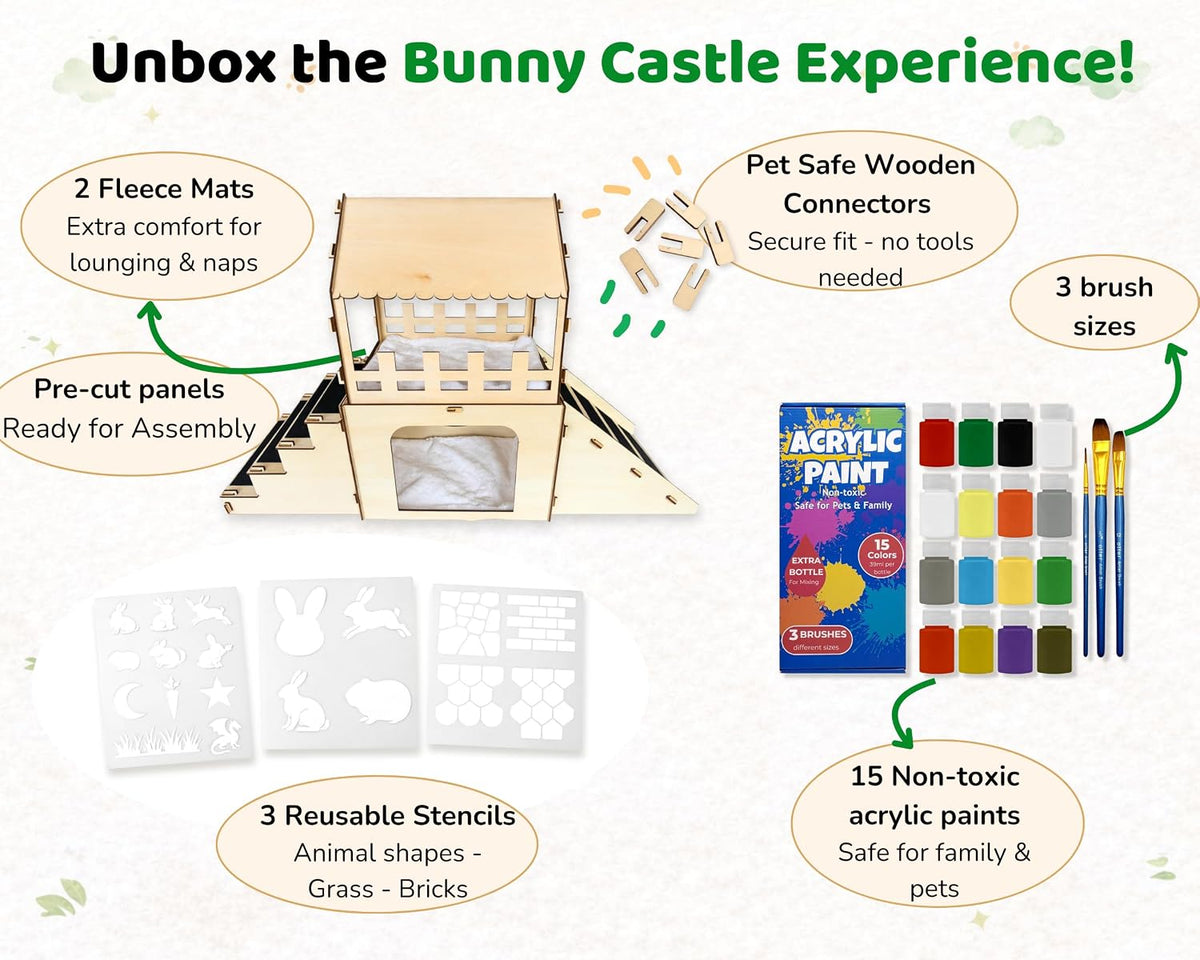 Extra Large Bunny Hideout, Wooden Rabbit Castle with Fleece Mats – Essentials for Small Pets - DIY Paint Kit - image 2
