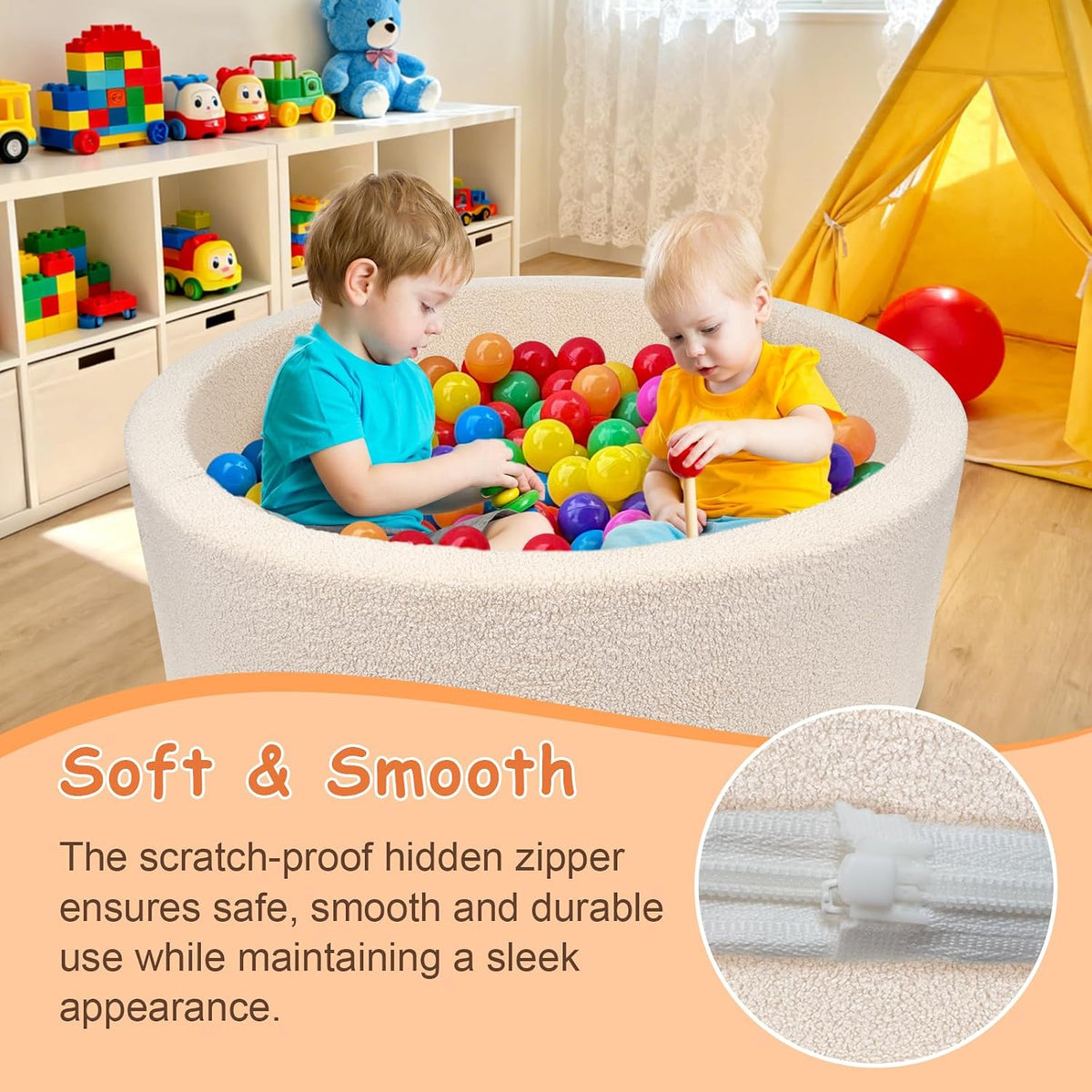 MEOGETY beige teddy fleece foam ball pit for toddlers with soft round walls - view 22