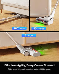Cordless Stick Vacuum Cleaner for Home, Lightweight Rechargeable Vacuum with 55min Runtime, Powerful Suction, Green LED Headlight, 9-in-1 Pet Hair Carpet & Hardwood Floor Cleaner