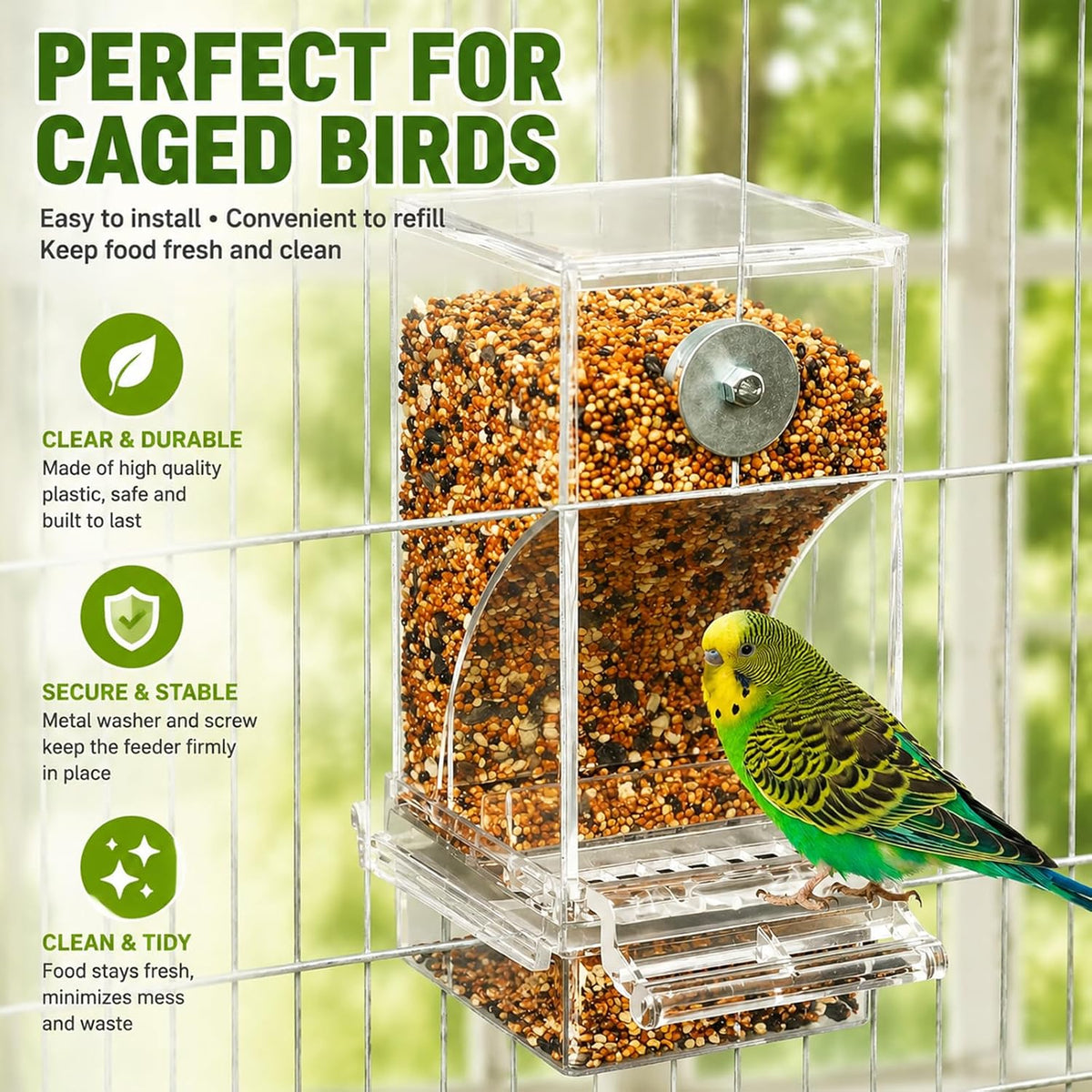 No-Mess Automatic Bird Feeder, Parakeet Cage Accessories – Essentials for Birds - Transparent - image 2