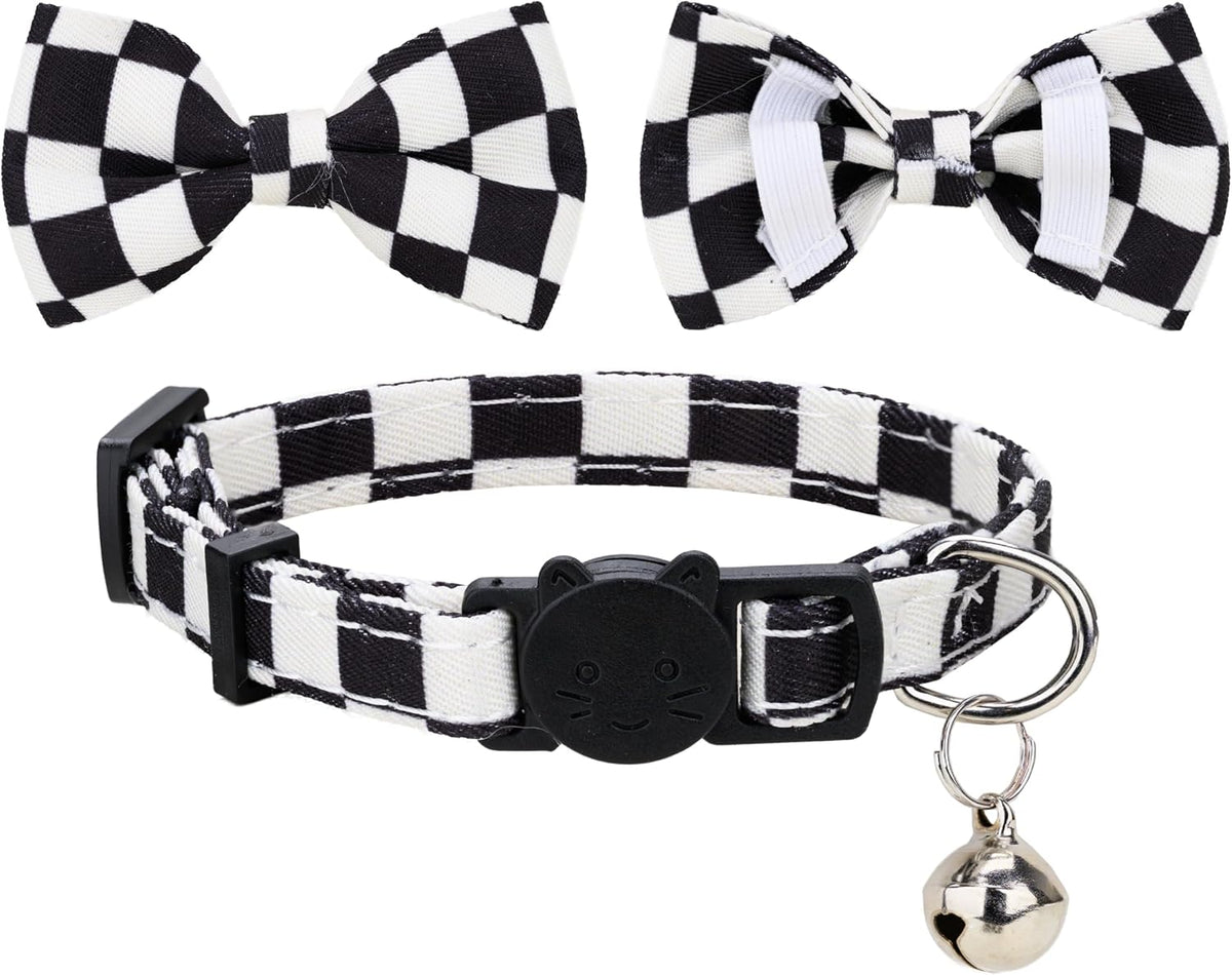 Collar for Cat Pet Breakaway with Bell Bowtie Detachable Bow - Plaid & Solid-Black - image 2