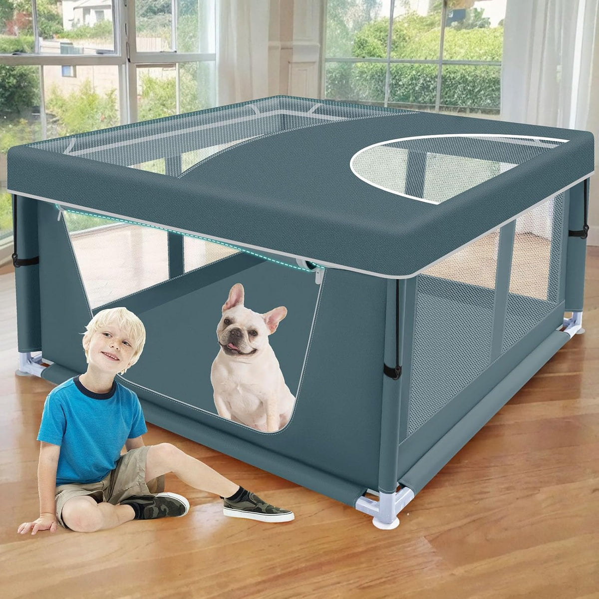 42x42 Inches Puppy Playpen with Gate - Bluish Green / 42x42 IN With Cover