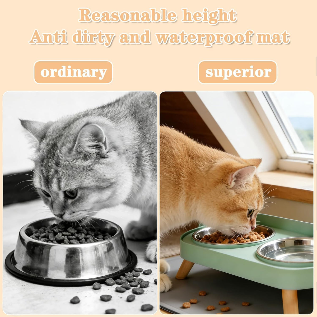 Elevated Cat Bowls with Food Mat - Green - image 2