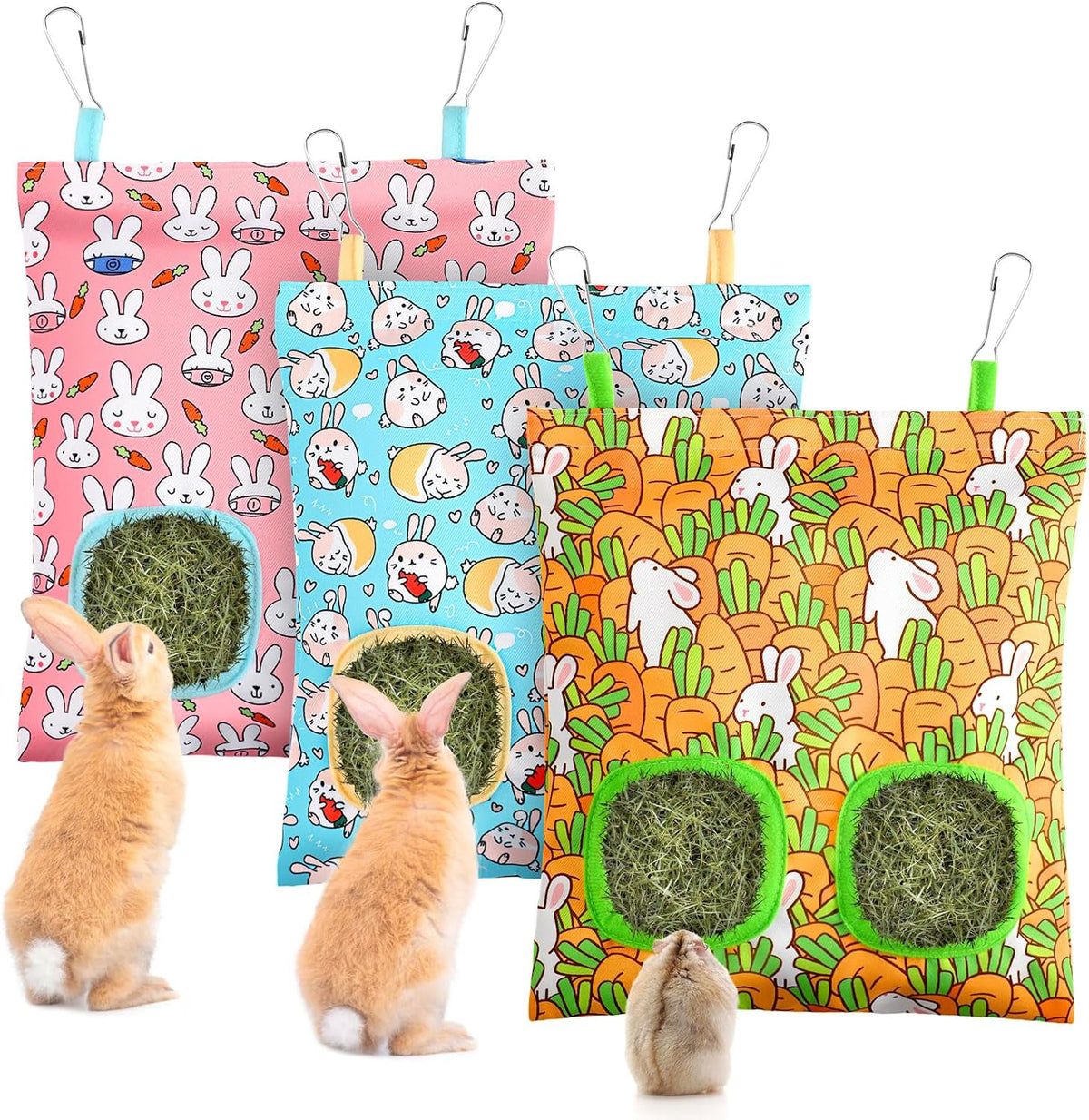 UPINS 3Pack Guinea Pig Hay Feeder Bag - Orange Blue Pink