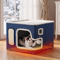 Heated Cat House Bed for Indoor Cats - Navy / Large / With Heating Pad