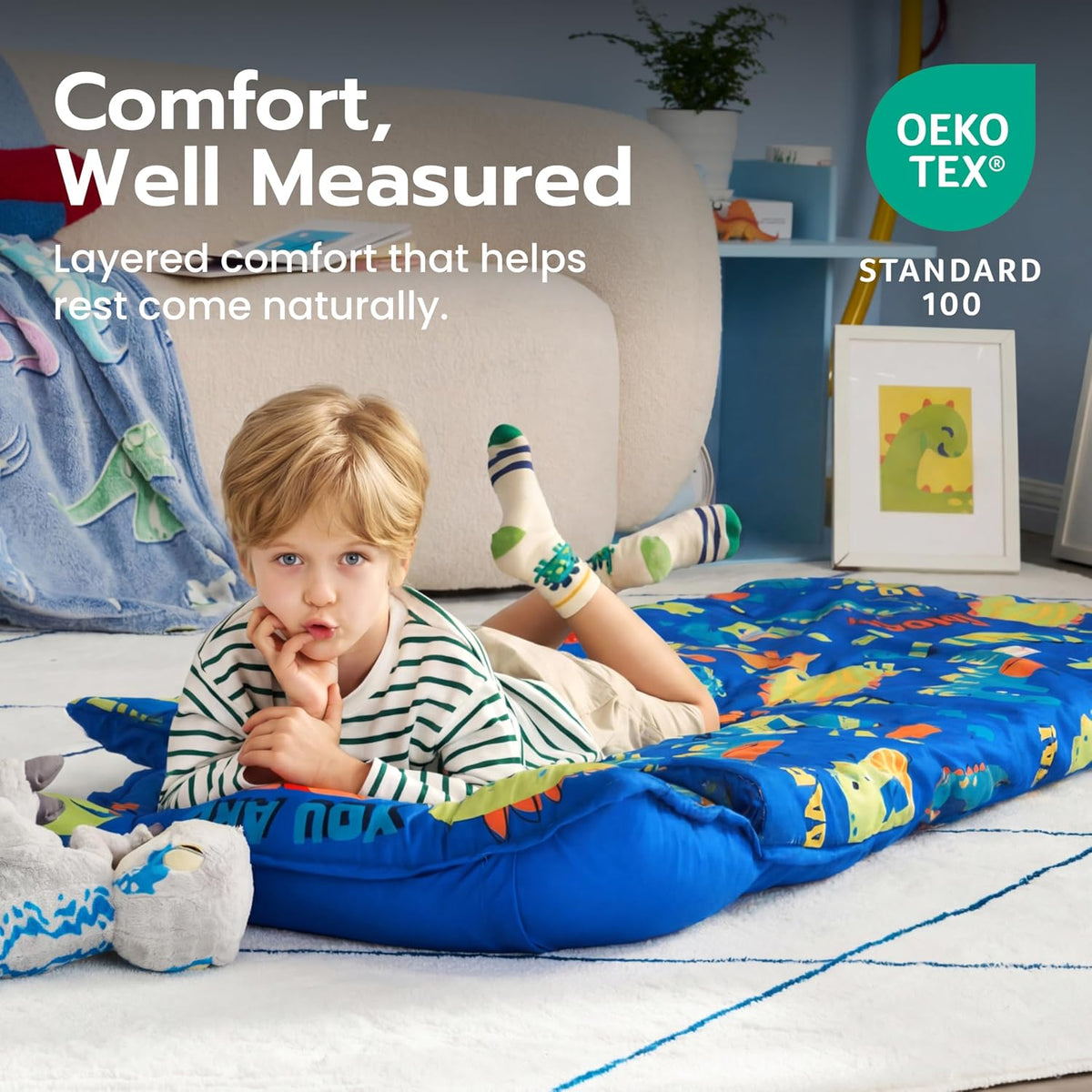 JOIEDOMI Toddler Nap Mat with Removable Pillow and Minky Blanket - Blue Dinosaur - image 3
