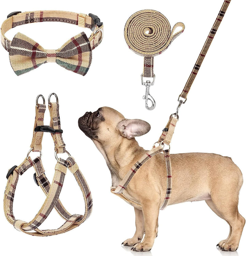 BINGPET No Pull Dog Harness Leash Collar Set - XS(Chest Girth:12''-14.9'') / Beige Plaid
