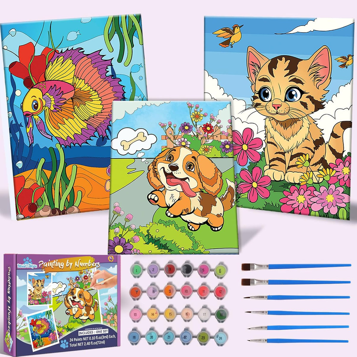 Jovial & Joyful kids paint by number kit with three framed animal canvases and paint pots - view 4