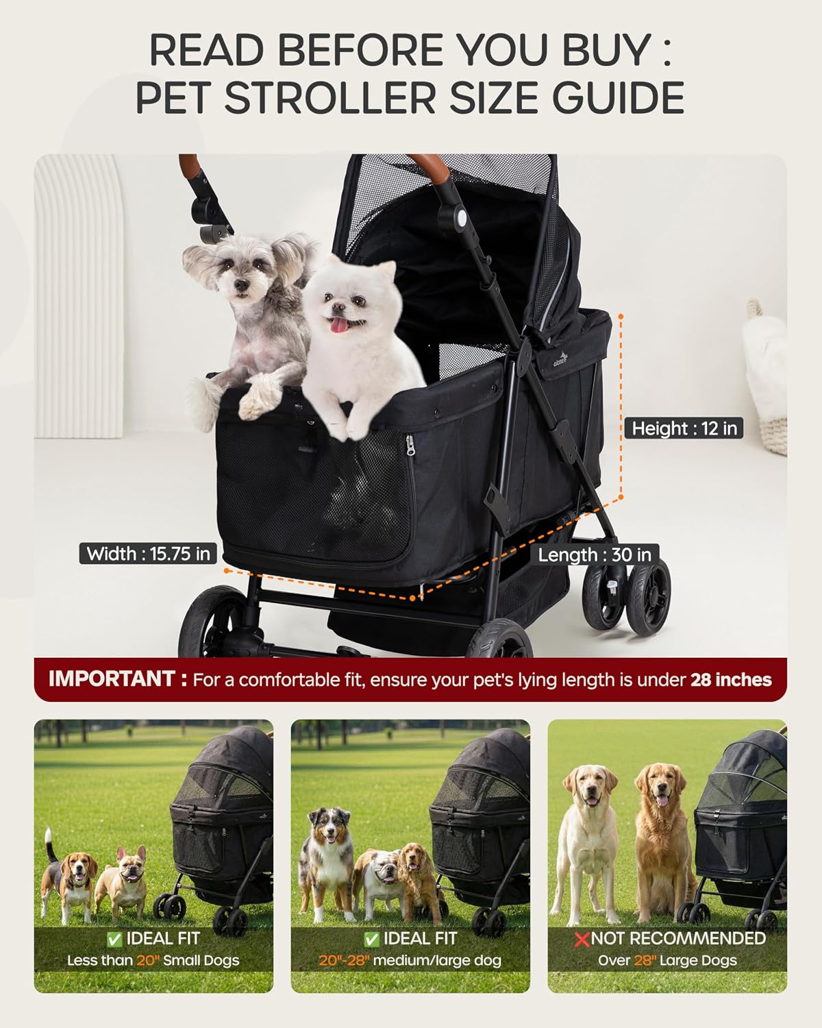 Dog Stroller for Large & Medium Dogs, for 2 Small Dogs – Essentials for Dogs - Classic Black - image 3