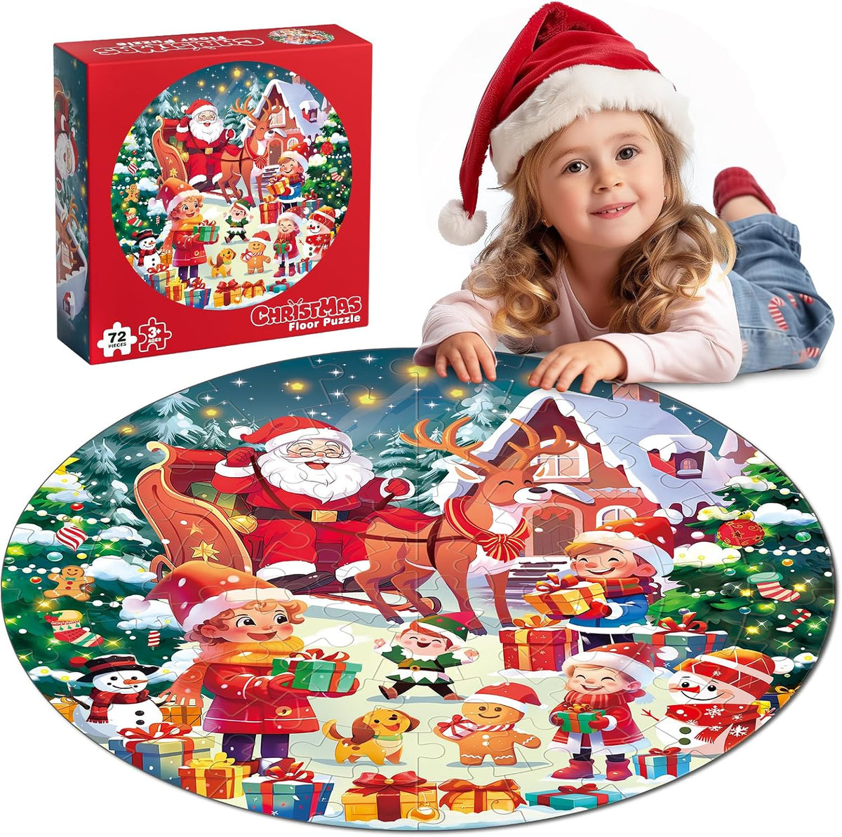 Rifamee 72 piece shimmery round Christmas floor puzzle with Santa delivering gifts - view 2