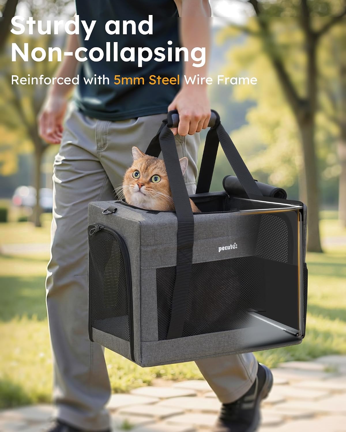 Pecute Cat Carrier, Portable Travel Pet Carrier with Stable Structure, Grey – Essentials for Cats - Grey / 16.7"L x 11.8"W x 12.5"H - image 2