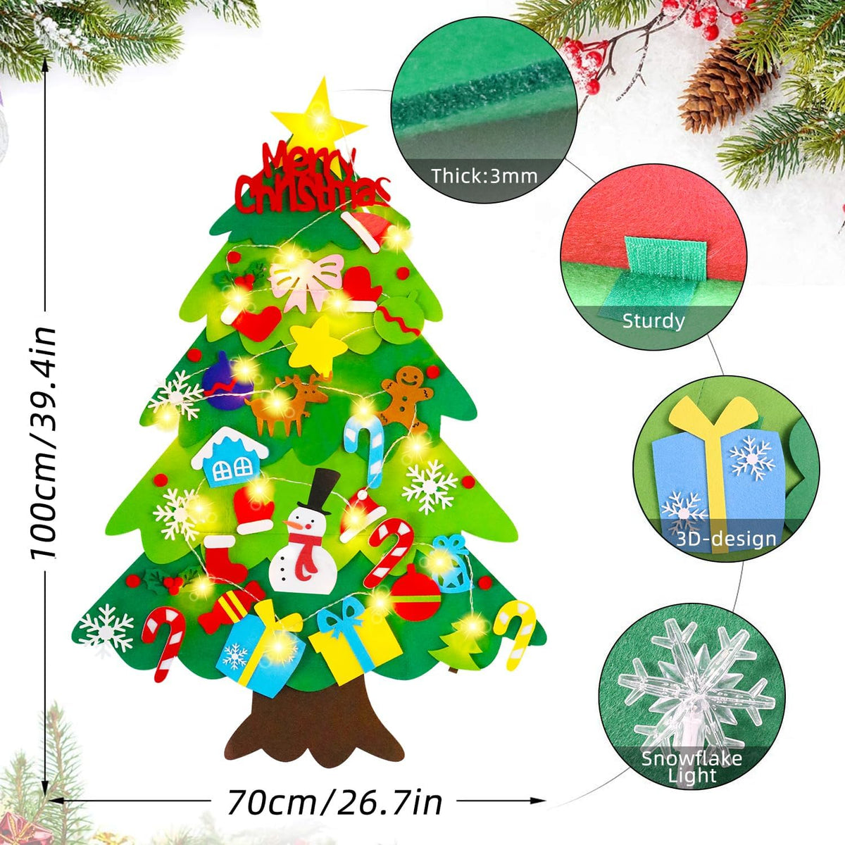 Felt Christmas Tree for Toddlers with Snowflake Light + 32 Ornament - A-Warm Light - image 3