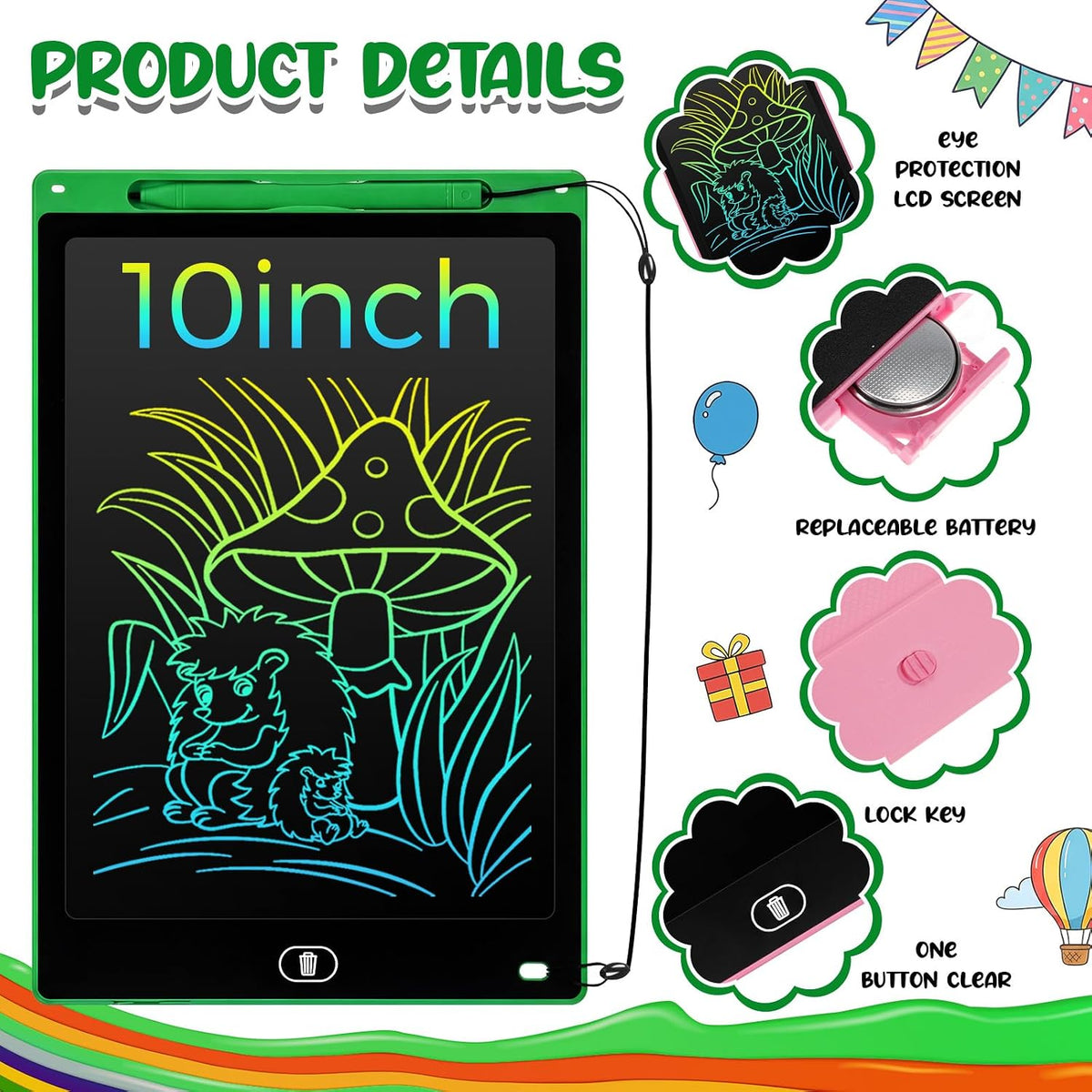 Tinlade 12 Pack LCD Writing Tablet for Kids - Pink, Green, Red, Blue / 10 Inch - image 2