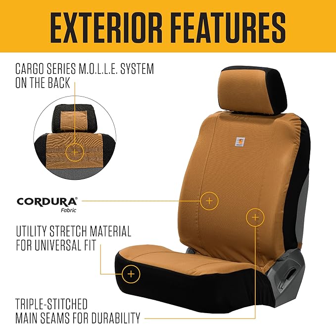 Carhartt Universal Nylon Duck Canvas Fitted Bucket Seat Cover, Durable Seat Protection with Rain Defender, Single, Black