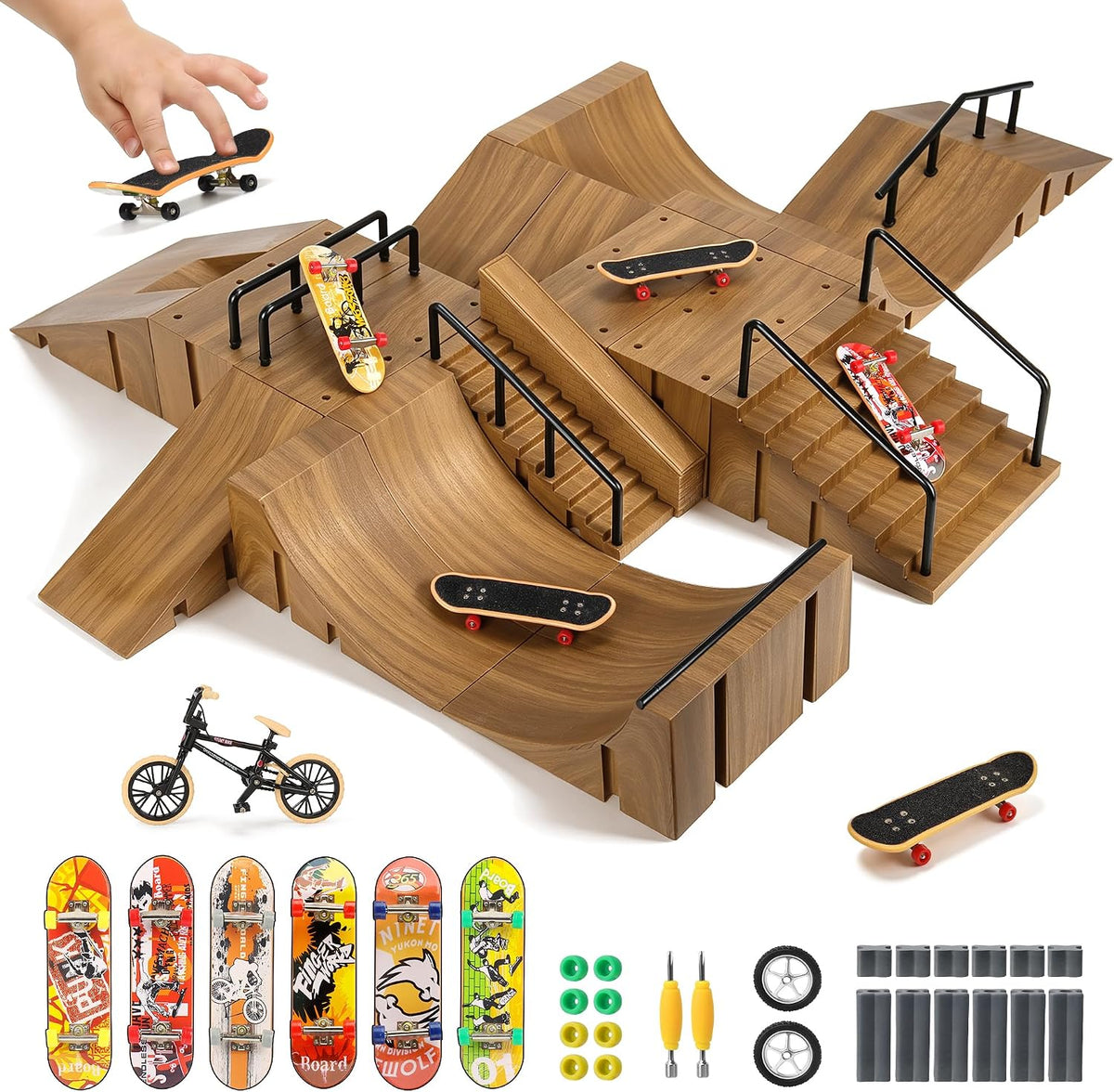 RNGODO 14-in-1 fingerboard skatepark set with ramps, rails, 8 finger skateboards and finger bike - view 3