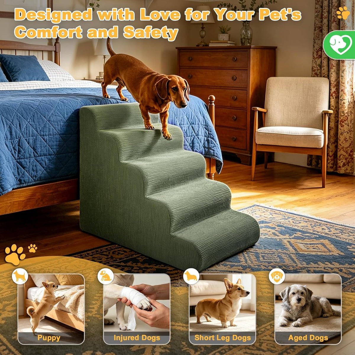 Dog Stairs for Bed & Couch, 18" H 4-Step Pet Ramp for Small Dogs - Green / 5 / Standard 23" Height - image 3